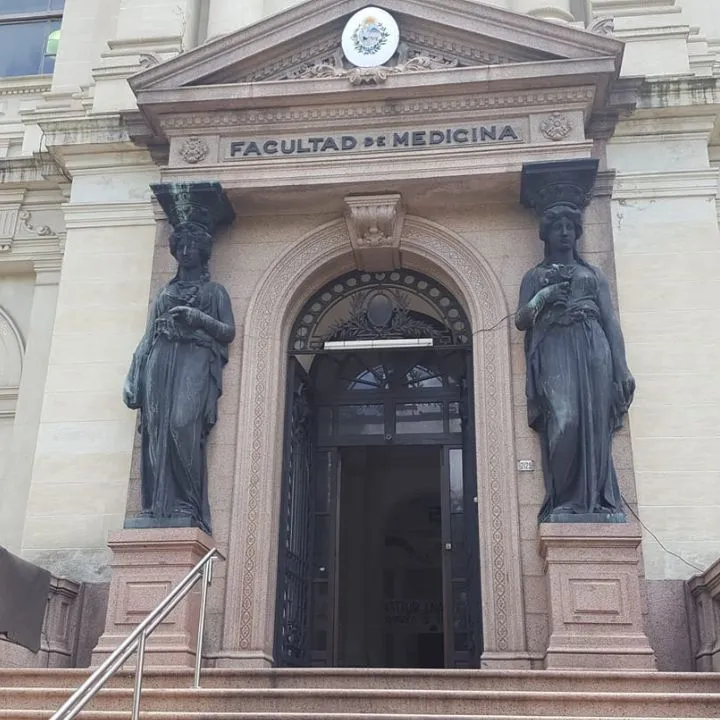Fachada histórica de la Facultad de Medicina de Montevideo con sus características columnas